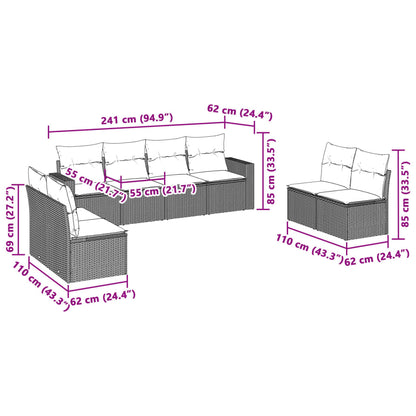8 pcs conj. sofás jardim c/ almofadões vime PE cinzento-claro