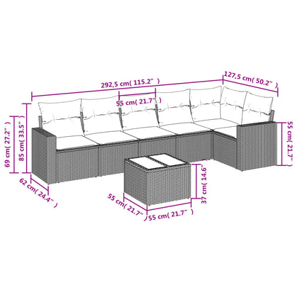 7 pcs conjunto de sofás p/ jardim com almofadões vime PE bege