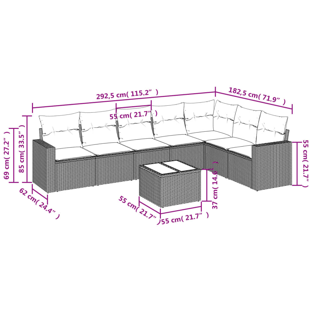 8 pcs conjunto sofás de jardim c/ almofadões vime PE castanho