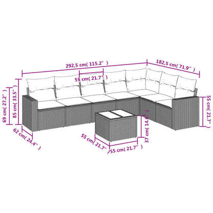 8 pcs conjunto sofás de jardim c/ almofadões vime PE castanho
