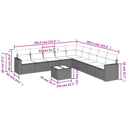 10 pcs conjunto de sofás p/ jardim com almofadões vime PE bege