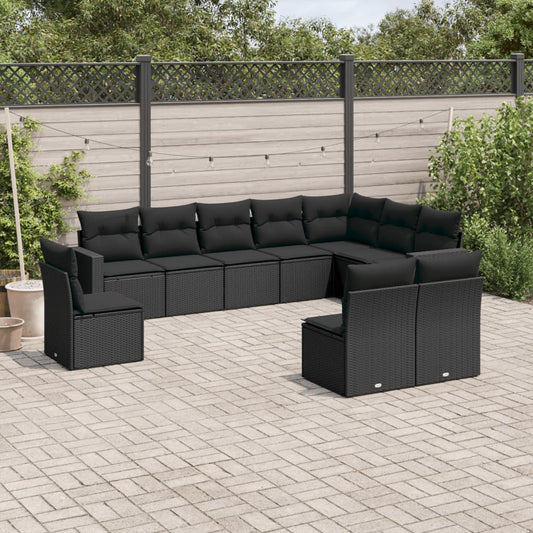 10 pcs conjunto sofás de jardim c/ almofadões vime PE preto