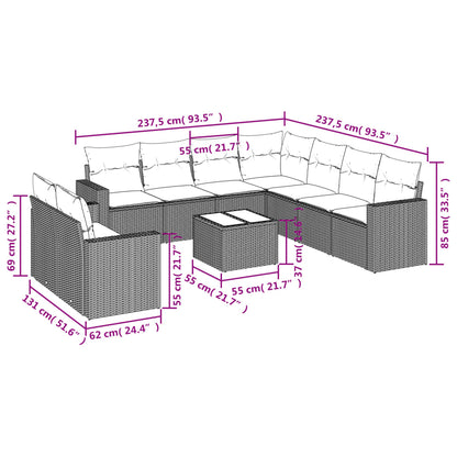 10 pcs conjunto de sofás p/ jardim com almofadões vime PE bege