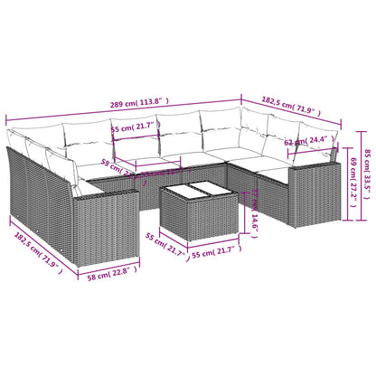 10 pcs conjunto de sofás p/ jardim com almofadões vime PE bege