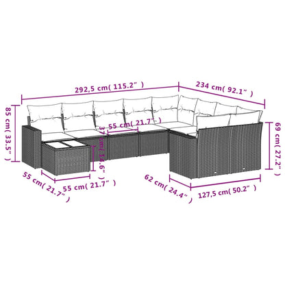 10 pcs conjunto sofás de jardim c/ almofadões vime PE preto