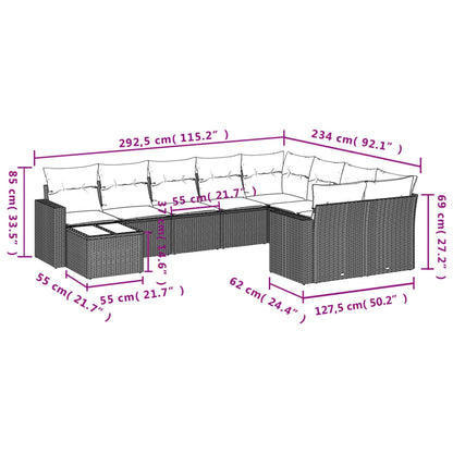 10 pcs conjunto sofás de jardim c/ almofadões vime PE preto