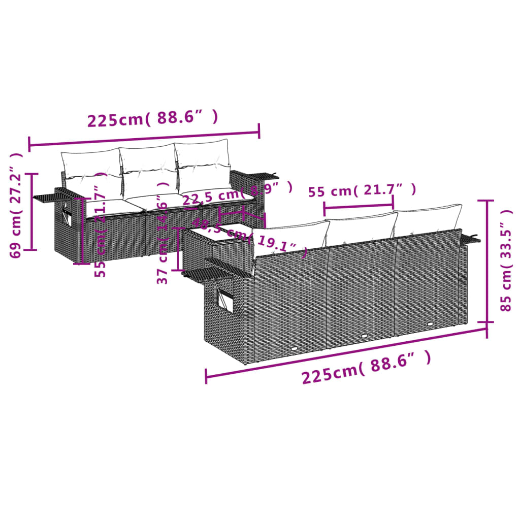 7 pcs conjunto sofás p/ jardim c/ almofadões vime PE cinzento