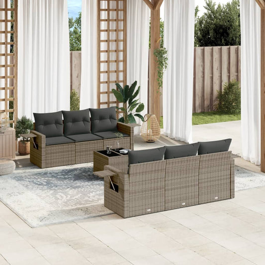 7 pcs conjunto sofás p/ jardim c/ almofadões vime PE cinzento