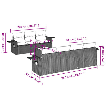 8 pcs conjunto sofás de jardim c/ almofadões vime PE castanho