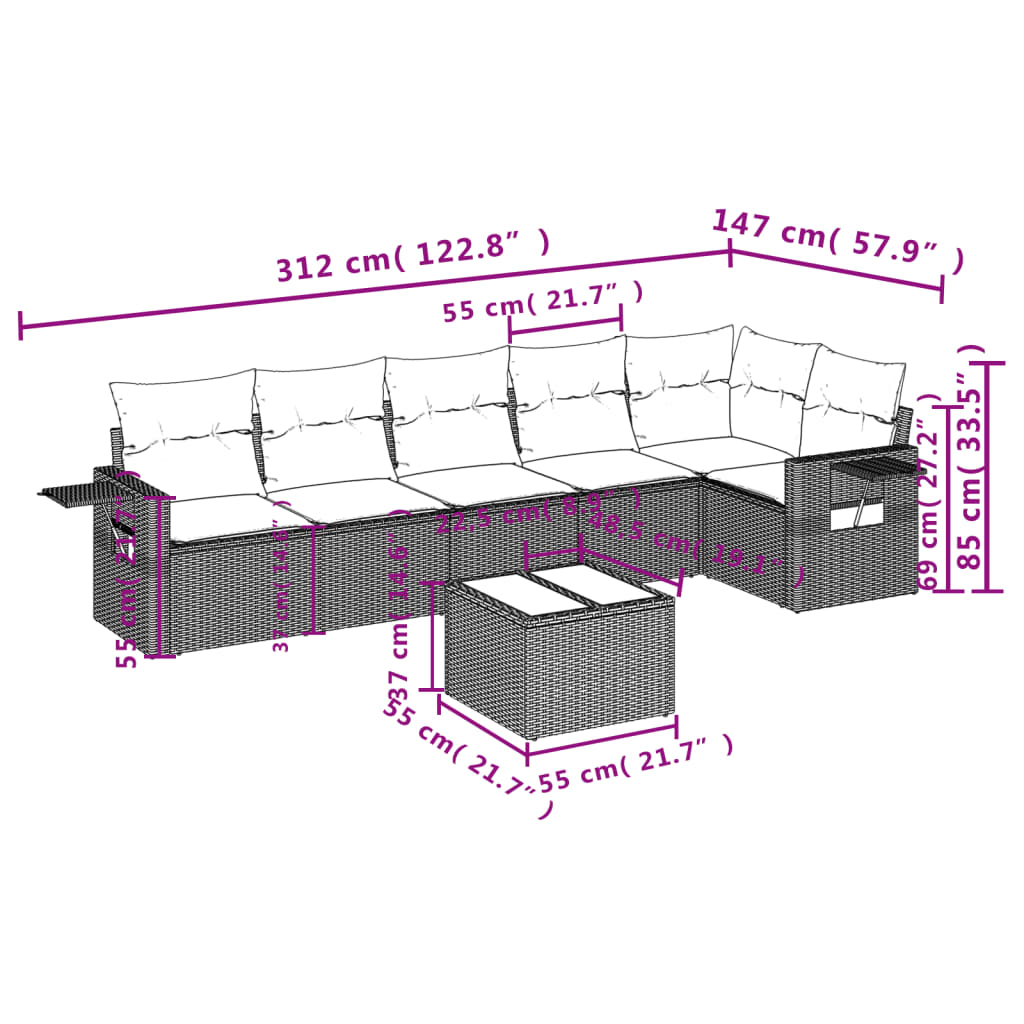 7 pcs conjunto sofás p/ jardim c/ almofadões vime PE cinzento