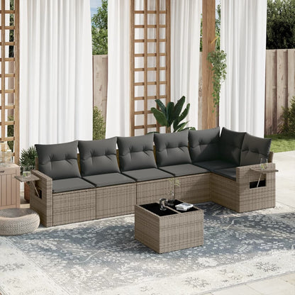 7 pcs conjunto sofás p/ jardim c/ almofadões vime PE cinzento