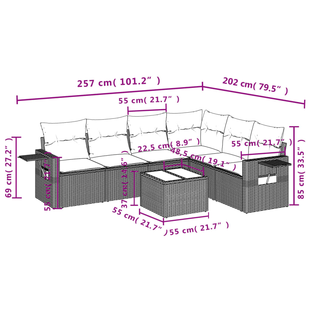 7 pcs conjunto sofás p/ jardim c/ almofadões vime PE cinzento