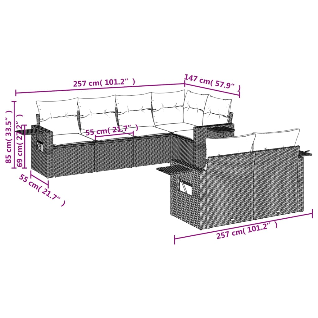 7 pcs conjunto sofás p/ jardim c/ almofadões vime PE cinzento