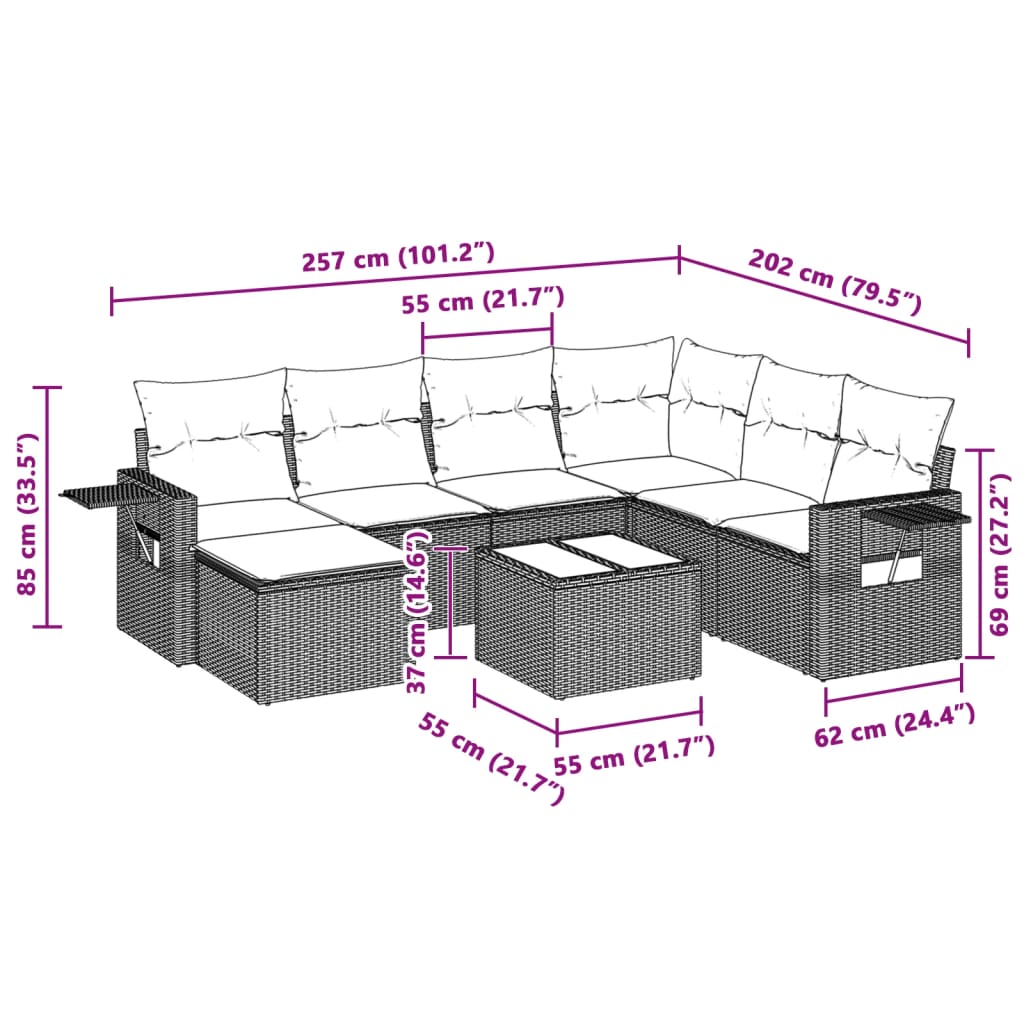 8 pcs conj. sofás jardim c/ almofadões vime PE cinzento-claro