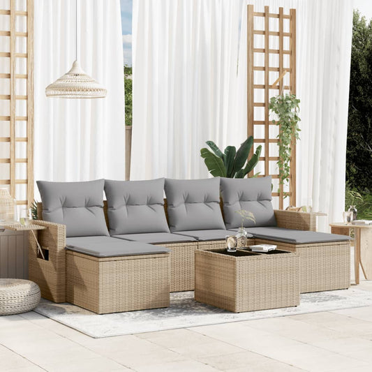7 pcs conjunto de sofás p/ jardim com almofadões vime PE bege