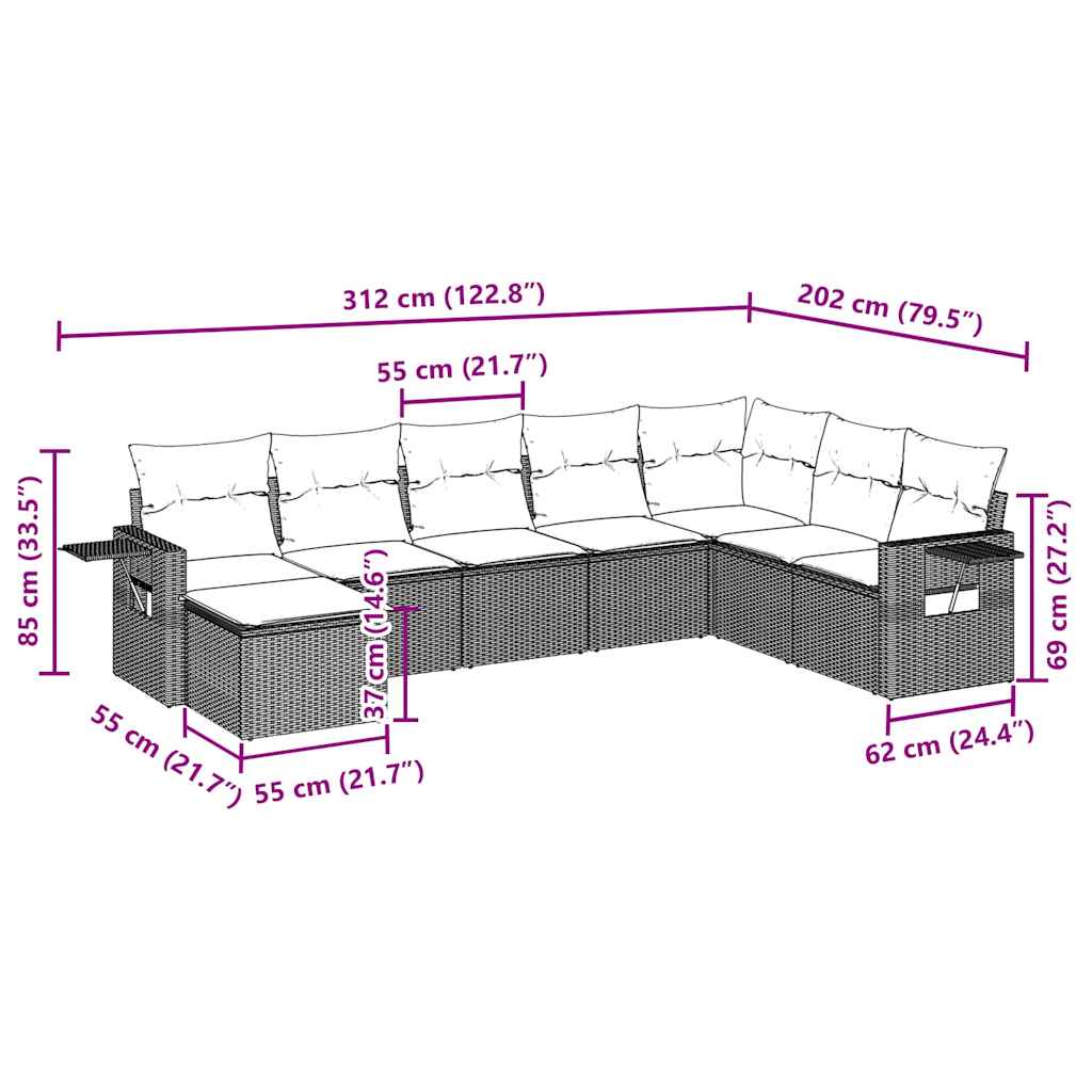 8 pcs conj. sofás jardim c/ almofadões vime PE cinzento-claro