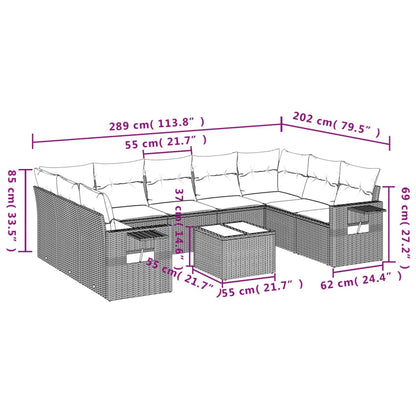 10 pcs conj. sofás jardim com almofadões vime PE cinzento-claro