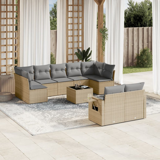 10 pcs conjunto de sofás p/ jardim com almofadões vime PE bege