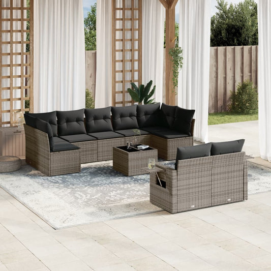 10 pcs conjunto sofás de jardim c/ almofadões vime PE cinzento
