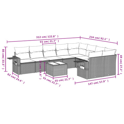 10 pcs conjunto de sofás p/ jardim com almofadões vime PE bege