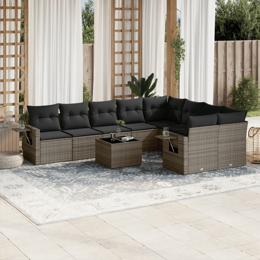 10 pcs conjunto sofás de jardim c/ almofadões vime PE cinzento