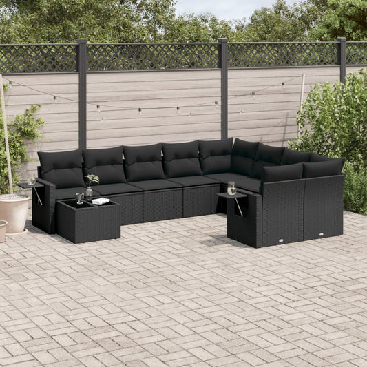 10 pcs conjunto sofás de jardim c/ almofadões vime PE preto