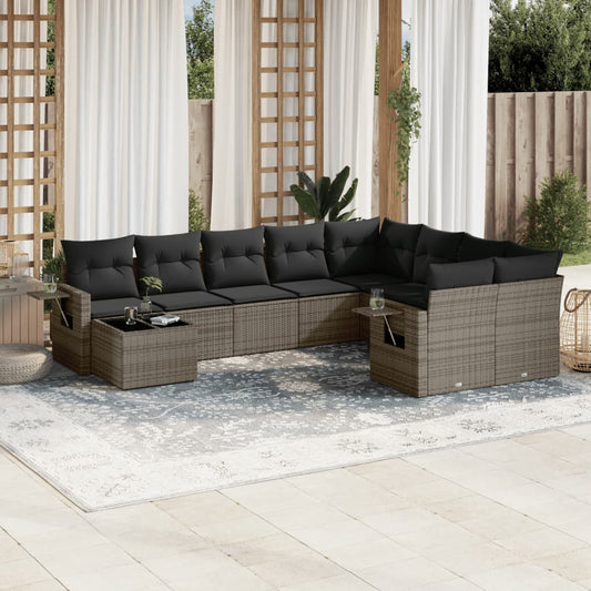 10 pcs conjunto sofás de jardim c/ almofadões vime PE cinzento