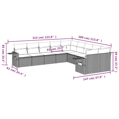 10 pcs conjunto sofás de jardim c/ almofadões vime PE preto