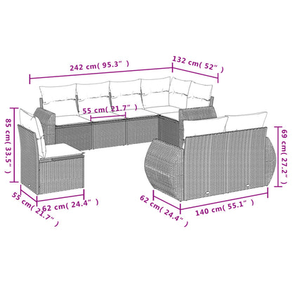 8 pcs conjunto sofás de jardim c/ almofadões vime PE castanho