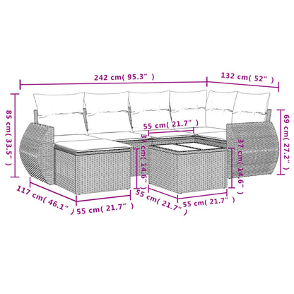 7 pcs conjunto de sofás p/ jardim com almofadões vime PE bege