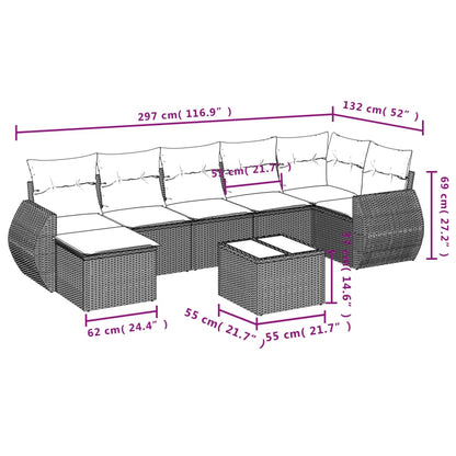 8 pcs conjunto sofás de jardim c/ almofadões vime PE castanho