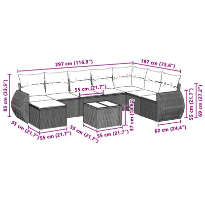 8 pcs conj. sofás jardim c/ almofadões vime PE cinzento-claro