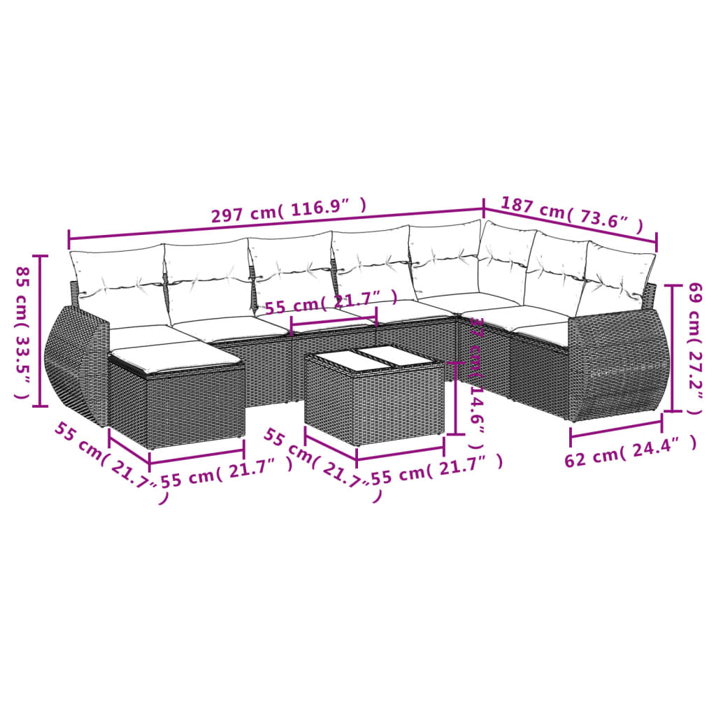 8 pcs conjunto sofás de jardim c/ almofadões vime PE castanho