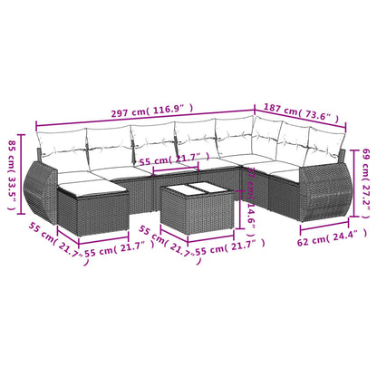 8 pcs conjunto sofás de jardim c/ almofadões vime PE castanho