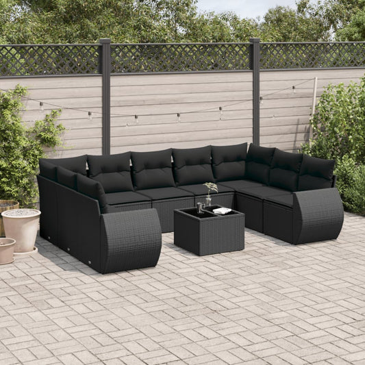 10 pcs conjunto sofás de jardim c/ almofadões vime PE preto