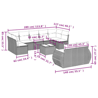 10 pcs conjunto sofás de jardim c/ almofadões vime PE preto