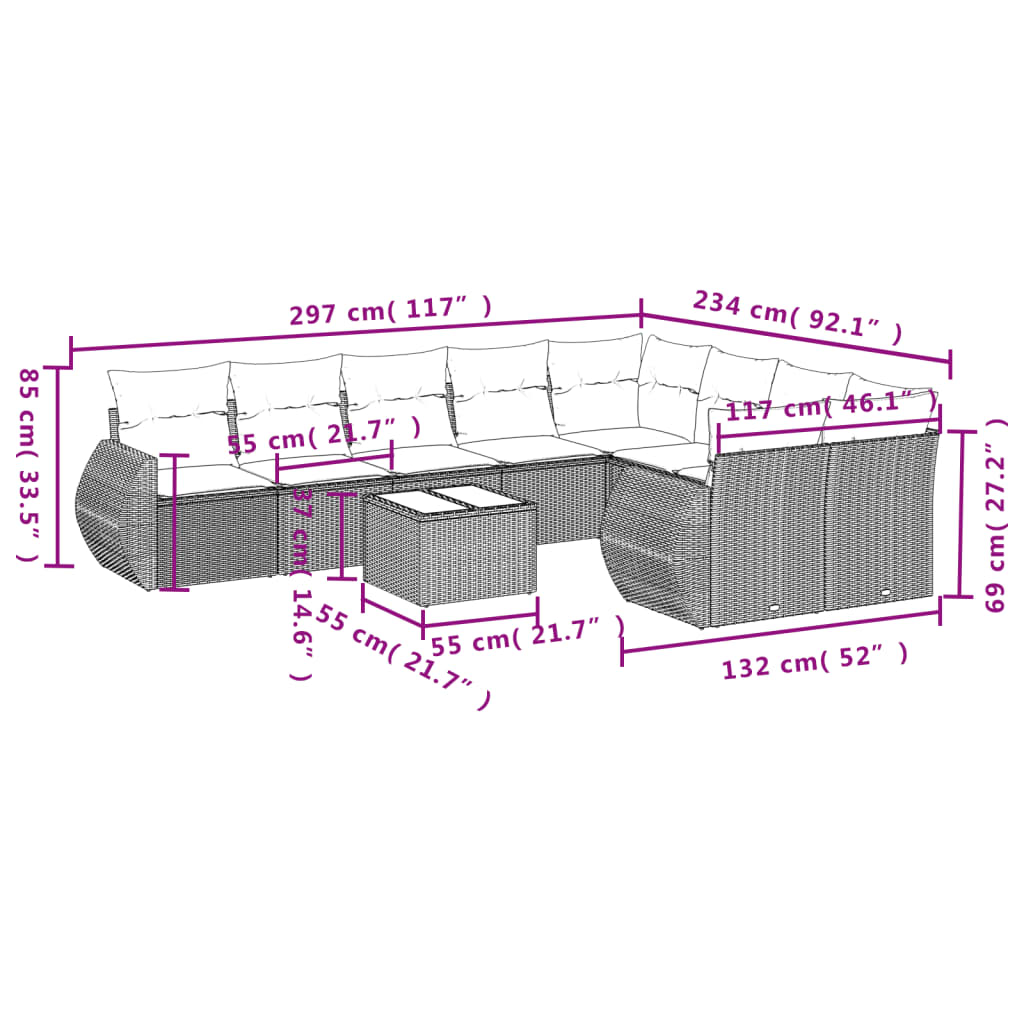 10 pcs conjunto de sofás p/ jardim com almofadões vime PE bege