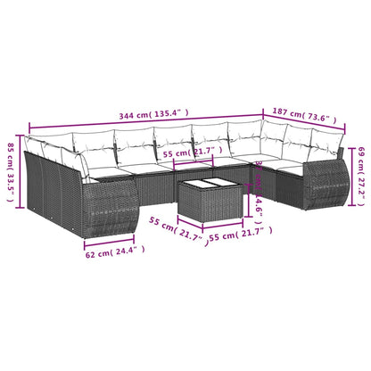 10 pcs conjunto de sofás p/ jardim com almofadões vime PE bege