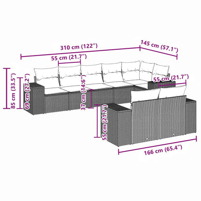 8 pcs conj. sofás jardim c/ almofadões vime PE cinzento-claro