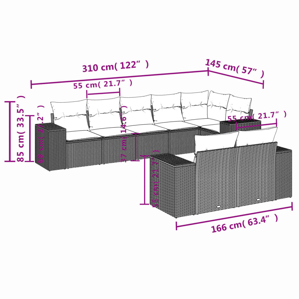 8 pcs conjunto sofás de jardim c/ almofadões vime PE castanho