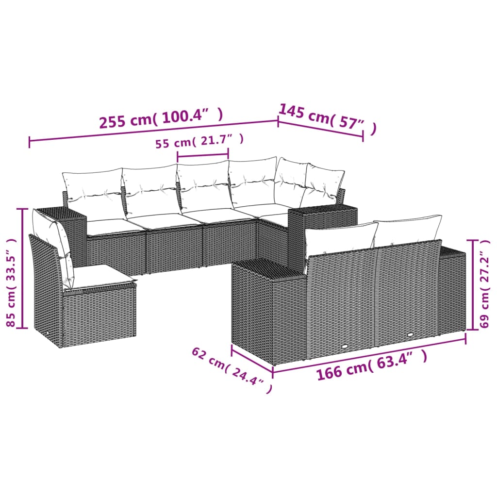 8 pcs conjunto sofás de jardim c/ almofadões vime PE castanho