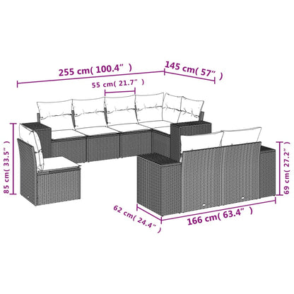 8 pcs conjunto sofás de jardim c/ almofadões vime PE castanho