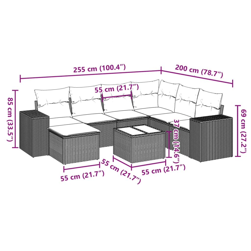 8 pcs conjunto sofás de jardim c/ almofadões vime PE castanho