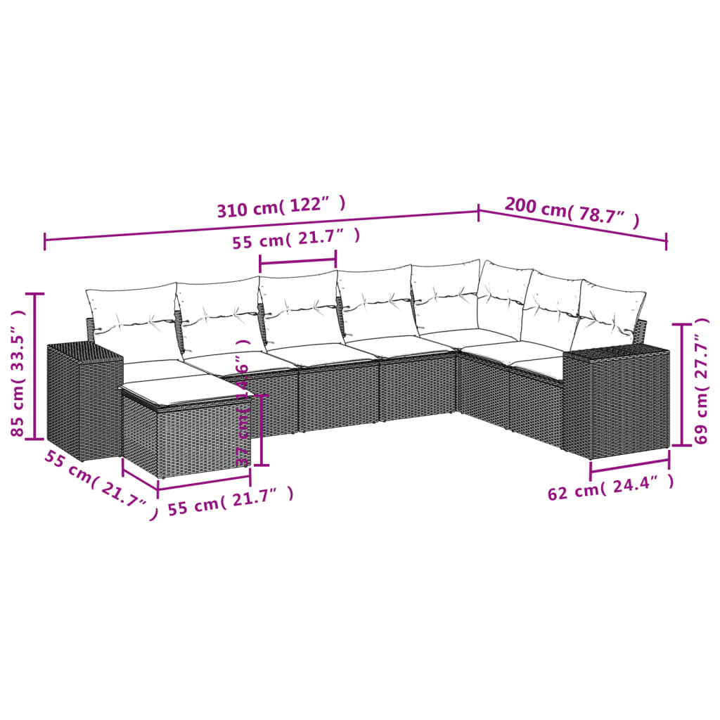 8 pcs conjunto sofás de jardim c/ almofadões vime PE castanho