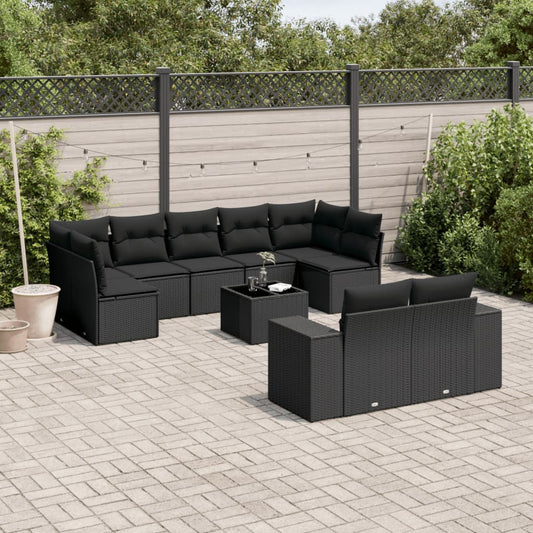 10 pcs conjunto sofás de jardim c/ almofadões vime PE preto
