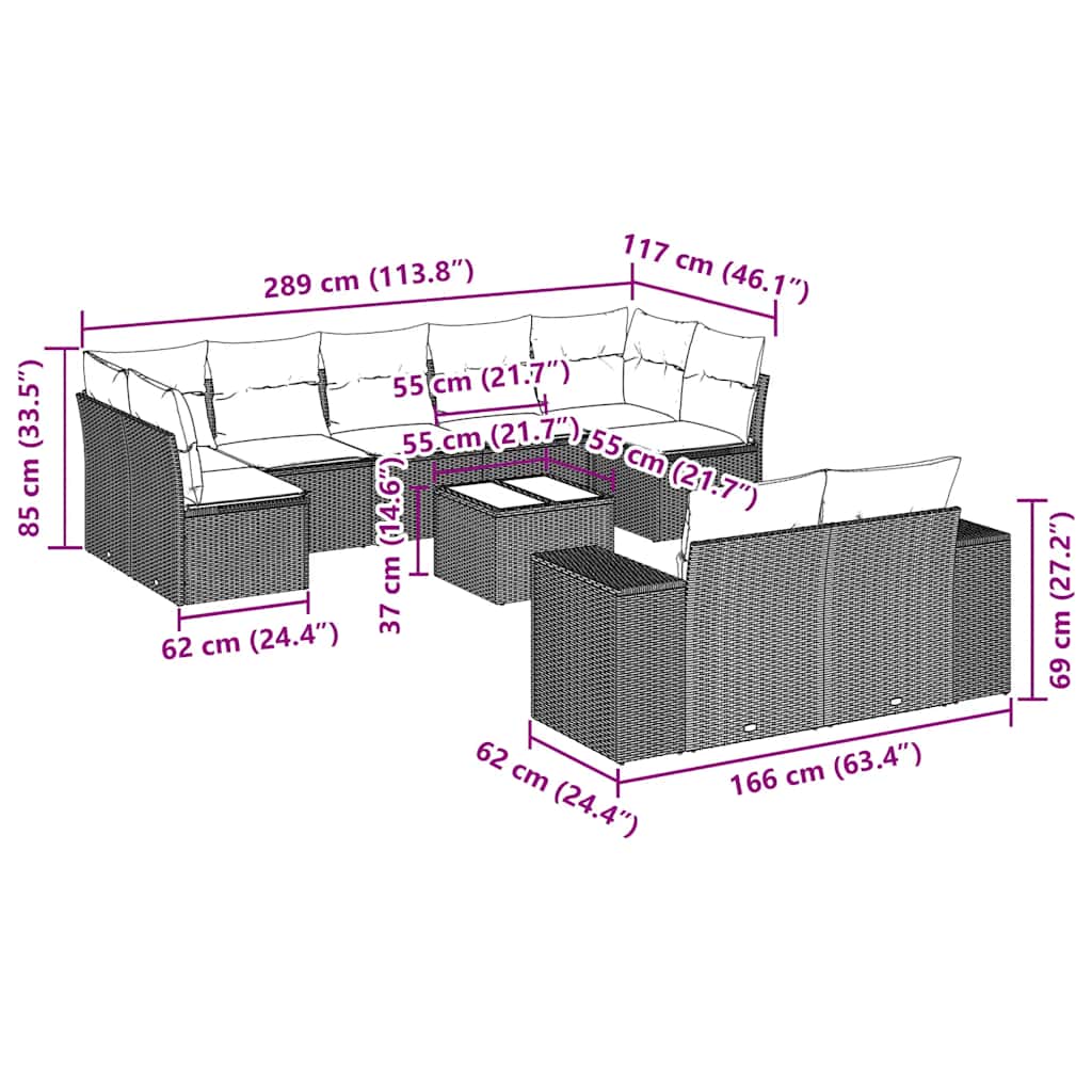 10 pcs conjunto sofás de jardim c/ almofadões vime PE preto