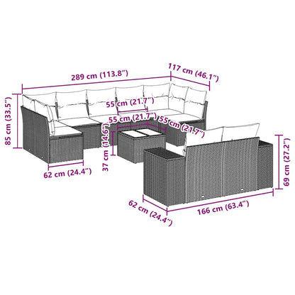 10 pcs conjunto sofás de jardim c/ almofadões vime PE preto