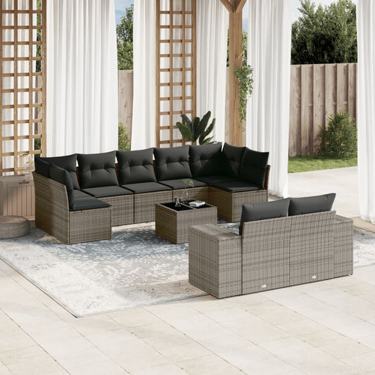 10 pcs conjunto sofás de jardim c/ almofadões vime PE cinzento