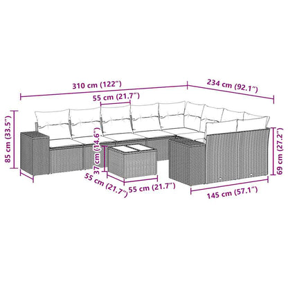 10 pcs conjunto sofás de jardim c/ almofadões vime PE preto