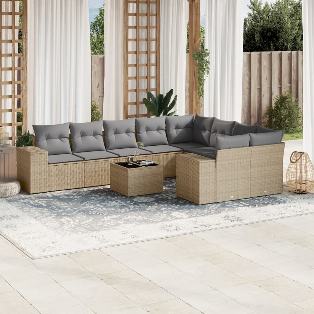 10 pcs conjunto de sofás p/ jardim com almofadões vime PE bege